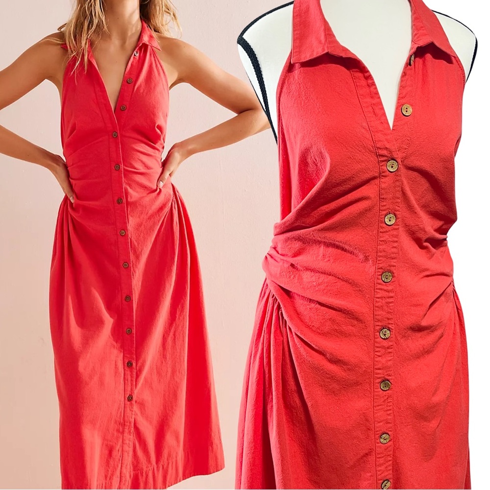 Free People Back At It Halter Midi Dress Size L Coral Cotton